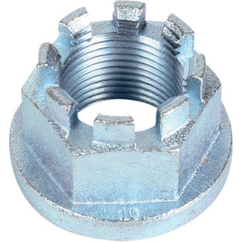 A close-up of the Castle Nut Axcalibar Axle by Lone Star Racing, a key metal component commonly used in axle parts and accessories for Axcalibar axles.