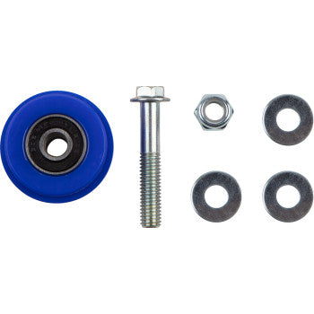 The Yamaha - Kawasaki - Suzuki Chain Roller Blue by T.M. Designworks, with a black center and low friction sealed bearings, comes with a metal bolt, hex nut, and three washers, all neatly arranged on a white background.