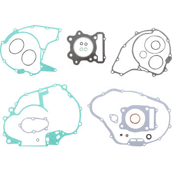 The Honda Complete Motor Gasket Kit by Moose Offroad includes five assorted green and gray engine gaskets in various shapes and sizes, each with multiple cutout holes, made in the USA and shown on a white background.
