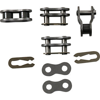 520 Chain Repair Kit by Parts Unlimited: Includes assorted standard chain master links, side plates, and clips displayed disassembled on a white background—ideal components for chain repairs.