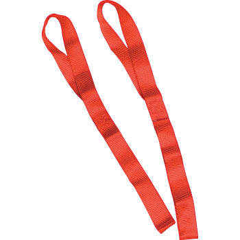Two red Tie Down Extensions 1-1/2 x 1-1/2 by Parts Unlimited with loops at both ends are placed parallel on a white background, appearing suitable for use as securing or lifting straps.