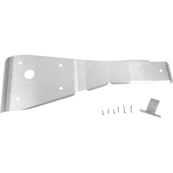 Silver metallic skid plate with drilled mounting holes and included screws and bracket accessory.