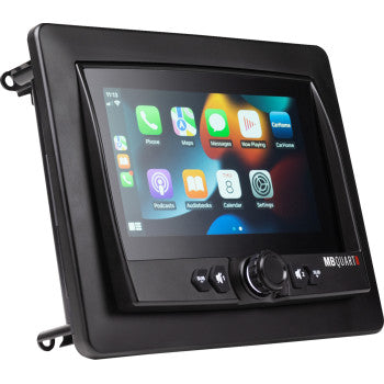 The GMR7 Radio Touchscreen by Mb Quart is a black waterproof marine stereo with Apple CarPlay, Bluetooth, a color display for apps like phone, maps, and music, plus physical buttons and knobs below the touchscreen.