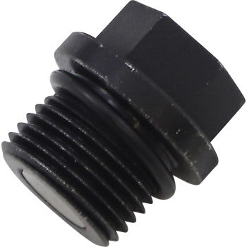 Close-up of the Quad Logic Transmission Drain Plug Gear Case—a black metal hex head plug with deep threads, designed to securely seal pipe openings and efficiently capture metallic debris.