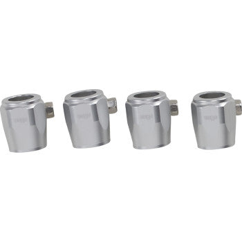 Four silver Hose Finishers by Jagg Oil Coolers, neatly arranged in a row, showcase their precision design reminiscent of hose clamps for oil hoses. Sold as a 4-pack.