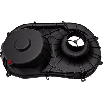 Black molded clutch cover with circular raised sections and reinforcing ribs designed for Polaris UTVs.