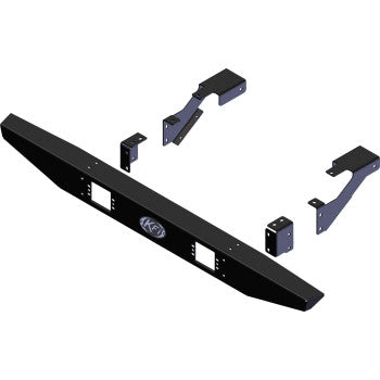 A digital rendering of the Polaris Ranger Mid Size Rear Bumper by Kfi Products displays a black, textured powder-coated bumper and several mounting brackets, all separated and arranged on a white background.