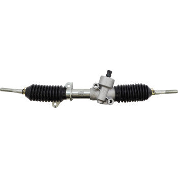 The Steering Rack by Moose Offroad features black rubber boots, visible tie-rod ends on both sides, and a central silver housing, all shown isolated on a white background.