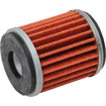 The Yamaha Oil Filter by Vesrah is a cylindrical, pleated red paper filter with black rubber end caps on both sides, designed for superior particle trapping, shown laying on its side against a white background.