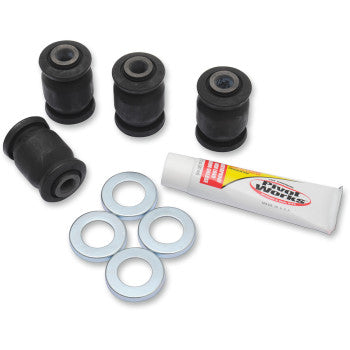 Four black cylindrical rubber bushings, five silver metal washers, and a white tube of lubricant with red and black branding