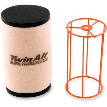The Kawasaki Standard Air Filter by Twin Air includes a cylindrical foam filter with Twin Air branding, placed next to an orange metal support cage that ensures proper airflow and optimal performance.