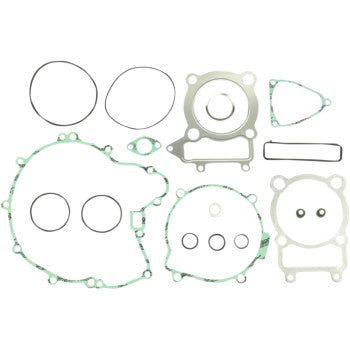 The Kawasaki Complete Gasket Kit by Athena offers a full set of green and white gaskets—including a head gasket—professionally organized on a white background, ideal for engine rebuilds.