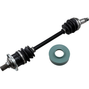 Black metal axle shaft with rubber boots and metal joints, accompanied by a green circular spacer ring.