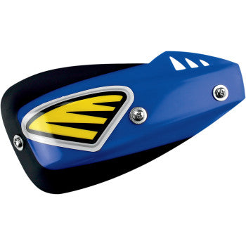 Blue and black curved handshield with yellow and white accent, made of durable plastic, featuring metal mounting bolts.