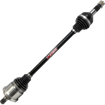 The Can Am Maverick Axle X-Treme Heavy Duty Rear Left & Right by Demon features a black chromoly steel shaft with rubber boots and metallic ends, adorned with a red and silver Xtreme logo, isolated on a white background.