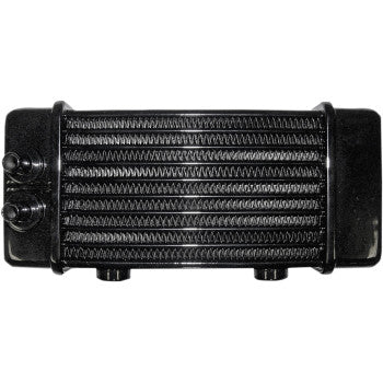 The Universal Oil Cooler - 10-Row - Gloss Black by Jagg Oil Coolers features horizontal cooling fins and dual left-side inlet/outlet ports for engine or transmission cooling; compatible with Jagg Oil Coolers systems.