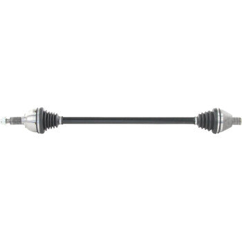 Black metal CV axle shaft with silver metal joints and black rubber protective boots on both ends.