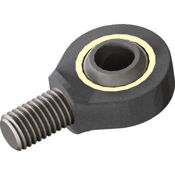 A detailed view of the Actuator Rod End Linkage Black by Kfi Products, featuring an M14 x 2.0 thread and circular opening, designed for smooth motion transfer and actuator compatibility in mechanical linkages.