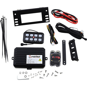 The Saddle Tramp On/Off Switch Panel Universal kit includes wires, remote, brackets, cable ties, screws, and 12V DC accessories—ideal for organizing your auxiliary LED lights or gang switch panel, all neatly arranged on a white background.