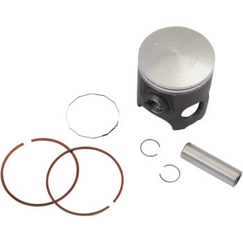 The Yamaha RD350 RD350 LC Yamaha Banshee 350 Piston Kit 66.50 mm by Prox includes a CNC machined alloy piston, two rings, wrist pin, two circlips, and oil ring—all shown on a white background.