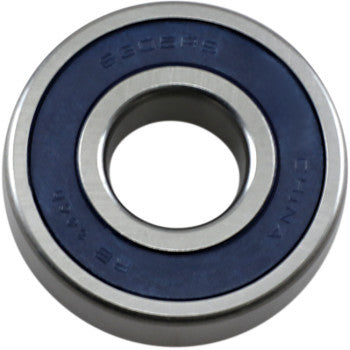A close-up of the Parts Unlimited Wheel Bearing Double Seal 25x62x17 shows its metal build, blue seal, circular shape, and central hole, with ABEC #1 rating and engraved numbers visible for precision.