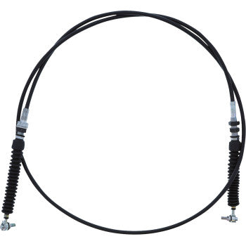 Black flexible shift cable with metal threaded ends and protective rubber boots on both sides.