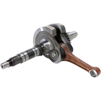 Metal Honda crankshaft assembly with polished steel shaft and brown connecting rod on a white background.