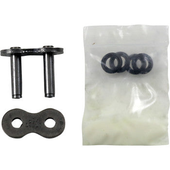 Close-up of a 530 X1R Replacement Master Link Rivet by JT Chains, showing a metal link plate, connecting pins, and a small plastic bag with three rubber O-rings.