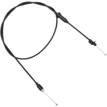 The Polaris Black Vinyl Throttle Cable 47 by Moose Offroad is shown coiled in a loose loop against a white background. It features metal ends and a pre-lubricated nylon inner sleeve, ideal for bikes or machinery.