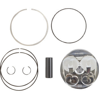 The Honda Piston Kit 96.00 mm by Moose Offroad is displayed on a white background, showing forged pistons, rings, circlips, and a DLC wrist pin—all components arranged neatly and clearly visible.