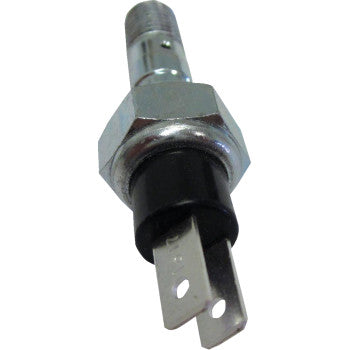 Close-up of the Polaris Brake Light Pressure Switch by Moose Offroad, showing its metallic threaded body with a hex nut and two flat metal terminals extending from a black plastic base.