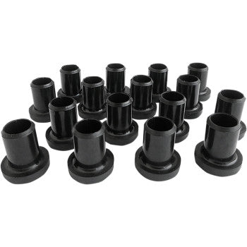 Seventeen identical black A-Arm Bushing Kit Front by Epi bushings, OEM quality with flanged bases and cylindrical shape, are arranged in staggered rows on a white background.