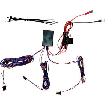 UTV Turn Signal Module by Custom Dynamics: includes a wiring harness with colored wires, connectors, black control box with self-cancelling turn signal feature, zip ties, and red power connector, all displayed on a white background.