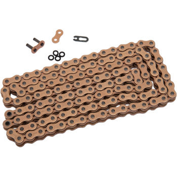 A coiled, gold-colored 520 SRX2 Drive Chain by Ek with 130 links is shown with connecting links and O-rings, highlighting its OEM-replacement design for reduced friction on a white background.