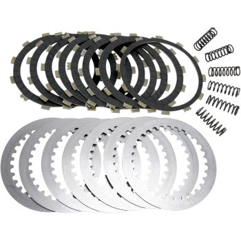 The Clutch Kit by Ebc includes carbon-fiber clutch plates, multiple steel plates, and small coil springs—perfect for race applications. Shown arranged on a white background, it's designed for heavy-duty performance.