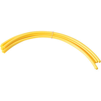 Nine yellow plastic rods from the Vent Hose Refills Yellow 9 Pack by Moose Offroad, each resembling a polyurethane hose with a 3/16" inner diameter, are grouped and gently curved, held together at the center by a small band.