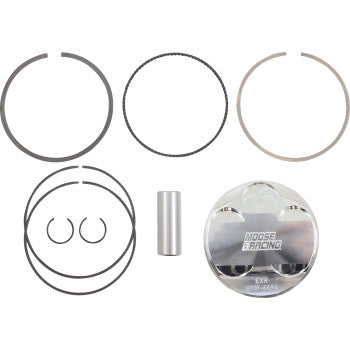 The Yamaha Piston Kit 102.00 mm by Moose Offroad includes a forged piston, three rings, two circular clips, a pin, and a thin metallic ring, all arranged neatly on a white background.