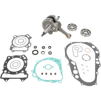 The Kawasaki-Suzuki-Arctic Cat Crankshaft Kit OE Replacement by Hot Rods includes a crankshaft, Hot Rods connecting rod, gaskets, seals, and bearings displayed on a white background.