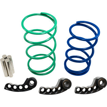 The Polaris RZR Turbo Pro XP Clutch Kit by Dynojet includes green and blue coiled clutch springs, small cylindrical metal rods, and three black multi-holed components, all arranged on a white background for optimal performance tuning.