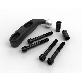 The Perch Mount Gen 2 Black by Ciro, featuring a black metal handle with a silver ball end, includes four black bolts and two cylindrical spacers. All parts are arranged on a white surface and are compatible with Ciro ball mount accessories.