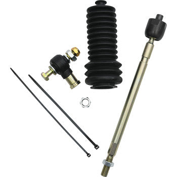 The Tie Rod End Kit by Moose Offroad includes a metal tie rod, black rubber boot, tie-rod ends, two black cable ties, a metal nut, and a joint assembly, all displayed on a white background.
