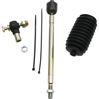The Tie Rod End Kit by Moose Offroad includes heavy-duty tie-rod ends, a metal rod, black rubber boot, joint fitting with bolt, zip ties, and a hex nut—perfect as tough replacements without the high OEM price.
