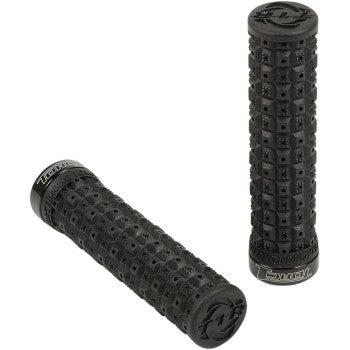 The Defy Lock-On Grips Black by Torc1 are shown with a textured, shock-absorbing design for improved grip and comfort. Featuring Torc1 logos on the ends and collars, they’re ideal for mountain bikes and enhance control on rough terrain.