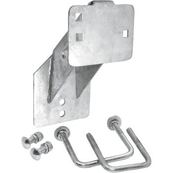 The Hi-Mount Tire Carrier by Kimpex is a galvanized steel bracket with two bolts and a U-bolt on a white background. It features an adjustable bolt circle, multiple holes, and angled sections for versatile trailer tongue mounting.