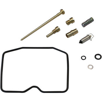 The Kawasaki Carburetor Repair Kit by Shindy includes float valves, jet needle sets, gaskets, jets, springs, O-rings, and small fittings neatly arranged on a white background.