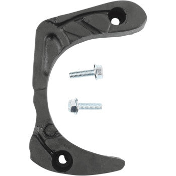 The Poly Case Saver Yamaha Raptor by Moose Offroad, a black curved metal bracket with two screw holes—made in USA—is shown with two silver bolts on a white background.