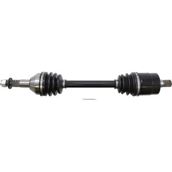 Black metal CV axle shaft with rubber boots on both ends and metal joints for rear left and right assembly.