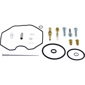 Honda Carburetor Repair Kit by Moose Offroad includes NBR rubber gaskets, O-rings, jets, screws, a spring, a needle, and other small metal parts—all displayed on a white background.