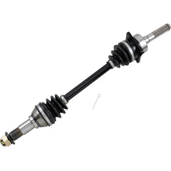 Black metal front right CV axle with rubber boots and metal joints for ATV replacement.