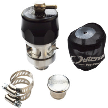 The Polaris Aospheric Blow Off Valve Kit by Bikeman Performance for XP Turbo includes a black and silver excess pressure valve, black filter cover, two metal hose clamps, and a silver cap arranged on a white background. Fits the factory location seamlessly.